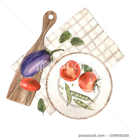 Composition of eggplants, tomatoes, peas on a brown kitchen wooden cutting board and textile towel. Hand drawn watercolor illustration. Use in restaurant menus, posters, cards, banners, placards. Composition of eggplants, tomatoes, peas on a brown kitchen wooden cutting board and textile towel. Hand drawn watercolor illustration. Use in restaurant menus, posters, cards, banners, placards. 109906080