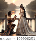 王子在橋上向公主求婚。新娘等 109906251
