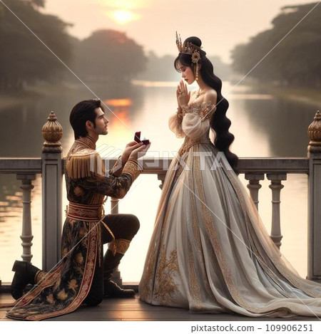 The prince is proposing to the princess on the bridge. bridal etc. 109906251