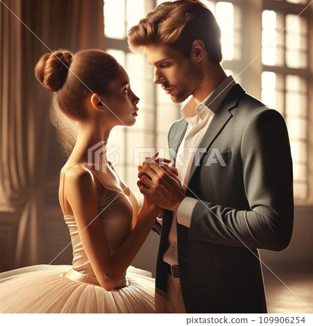 這是一個芭蕾舞者和一個男人互相注視的美妙場景。 這是一個芭蕾舞者和一個男人互相注視的美妙場景。 109906254