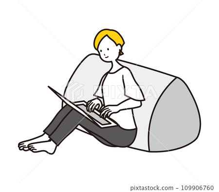 Illustration material of a Japanese woman working on a laptop while leaning on a cushion Illustration material of a Japanese woman working on a laptop while leaning on a cushion 109906760