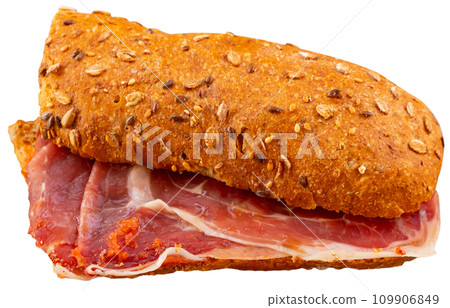 Sandwiches bocadillo from fresh baguette filled with sliced ham. Spanish food 109906849