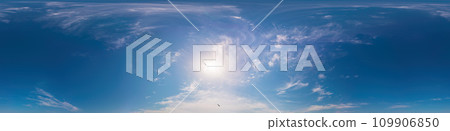 Blue summer sky dome panorama with clouds, no ground, suitable for easy use in 3D graphics and composite aerial and ground panoramas, seamless and perfect for sky replacement. 109906850