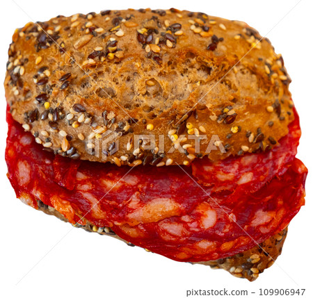 Closeup of spanish bocadillo de chorizo, chorizo sandwich 109906947