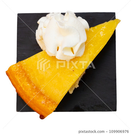 Restaurant dessert on plate - triangular piece of catalan cream pie with caramel syrup and ice cream Restaurant dessert on plate - triangular piece of catalan cream pie with caramel syrup and ice cream 109906976