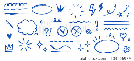 Hand drawn blue highlight, text underline, emphasis mark, line shape set. Hand drawn scribble arrow, love heart, speech bubble, crown element. Marker, pen brush stroke. Vector 109906979