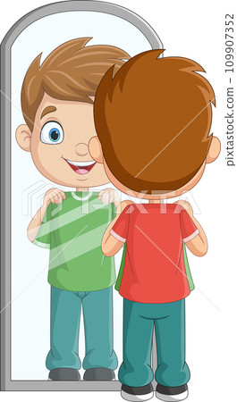 Cartoon little boy looking at the mirror with his outfit Cartoon little boy looking at the mirror with his outfit 109907352