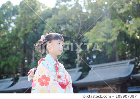 穿著傳統服裝行走在七、五山的女孩 穿著傳統服裝行走在七、五山的女孩 109907397