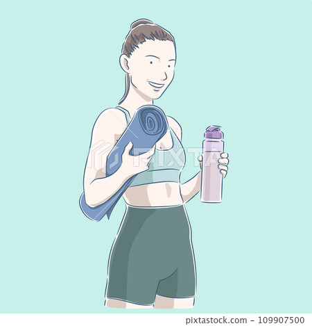 Woman with yoga mat and water bottle Woman with yoga mat and water bottle 109907500