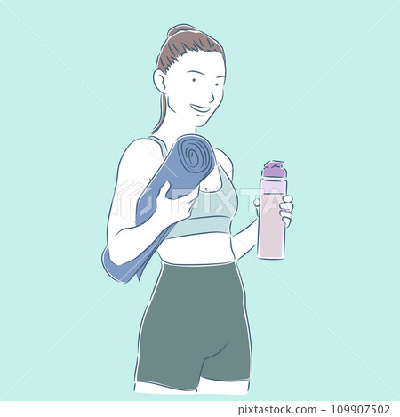 Woman with yoga mat and water bottle Woman with yoga mat and water bottle 109907502