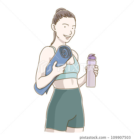 Woman with yoga mat and water bottle 109907503