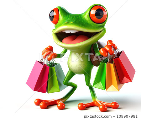 great 3d illustration of a funny red eyed tree frog with shopping bags 109907981