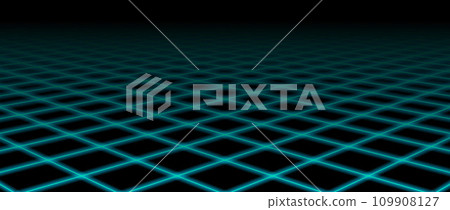 Glowing blue neon wireframe horizon background. Grid room floor vanishing in perspective. Bright retro futuristic wallpaper. Abstract checkered plane landscape. Game cyber surface. Vector backdrop Glowing blue neon wireframe horizon background. Grid room floor vanishing in perspective. Bright retro futuristic wallpaper. Abstract checkered plane landscape. Game cyber surface. Vector backdrop 109908127