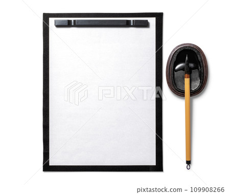 Blank paper, inkstone, and brush. calligraphy image 109908266