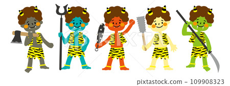Vector illustration set of five-colored demons for Setsubun Vector illustration set of five-colored demons for Setsubun 109908323