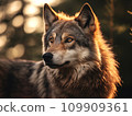 Wolf stained by the setting sun “AI generated image” 109909361