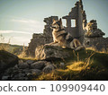 A wolf standing still in the ruins “AI generated image” 109909440
