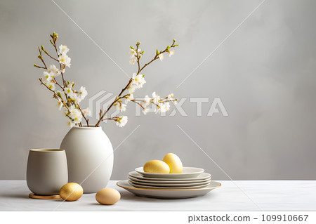 AI-generated content. Minimalistic interior with Easter decorations eggs and flowers 109910667