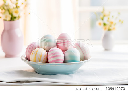 AI-generated content. Easter composition with colorful eggs and flowers 109910670