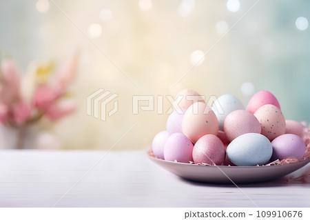 AI-generated content. Easter eggs on served table in pastel colors with flowers AI-generated content. Easter eggs on served table in pastel colors with flowers 109910676