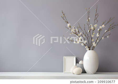 AI-generated content. Minimalistic interior of living room with Easter decorations AI-generated content. Minimalistic interior of living room with Easter decorations 109910677