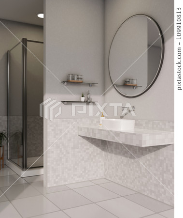 A modern white and clean bathroom with a vanity sink, a round mirror, tiles floor, and a shower. 109910813