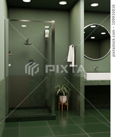 A modern green bathroom with a shower, a sink and round mirror, a green wall and tiles floor. 109910816
