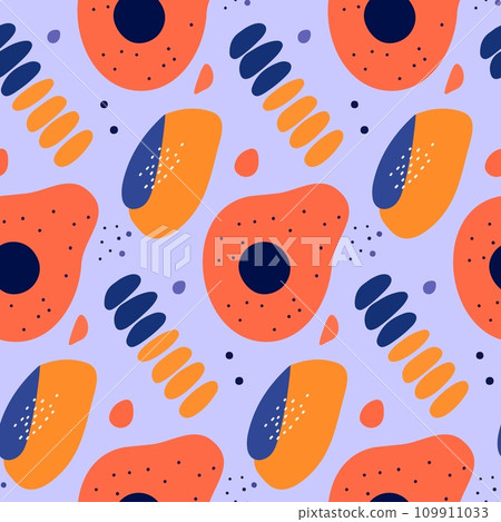 Vector pop art seamless pattern of purple and orange abstract elements on white background Vector pop art seamless pattern of purple and orange abstract elements on white background 109911033