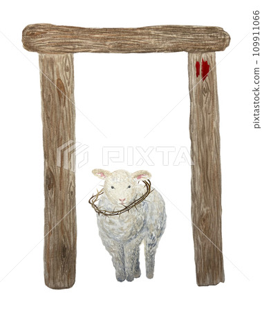 Watercolor lamb, doorjamb, blood with a crown of thorn religious illustration for Holy Thursday isolated on white Watercolor lamb, doorjamb, blood with a crown of thorn religious illustration for Holy Thursday isolated on white 109911066