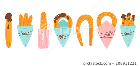 Set of churros in paper bags. Collection of Mexican churros. Vector illustration in flat hand drawn style. 109911221