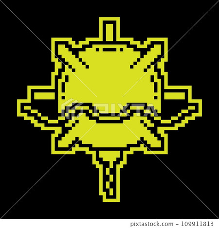 Pixel silhouette icon, combat naval anti submarine mine. Fight against enemy ships. Simple black and yellow vector isolated 109911813