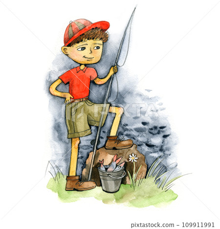 Fishing illustration. Watercolor hand drawn illustration. Boy fisher. Fishing illustration. Watercolor hand drawn illustration. Boy fisher. 109911991