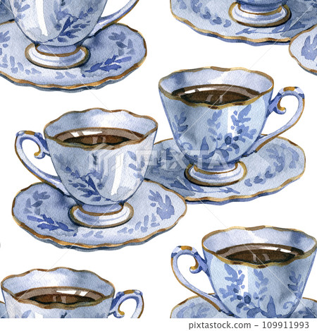 Seamless pattern watercolor blue porcelain cup with saucer of hot aromatic coffee for breakfast on white background. Energy beverage espresso or aroma tea. Creative art for cafe, menu, cafeteria, card Seamless pattern watercolor blue porcelain cup with saucer of hot aromatic coffee for breakfast on white background. Energy beverage espresso or aroma tea. Creative art for cafe, menu, cafeteria, card 109911993