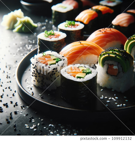 AI-generated content. Sushi rolls set on a black plate. Concept of japanese food, healthy food, freshness seafood. Illustration of tasty lunch, dinner, appetizer. Trendy food photography style AI-generated content. Sushi rolls set on a black plate. Concept of japanese food, healthy food, freshness seafood. Illustration of tasty lunch, dinner, appetizer. Trendy food photography style 109912132