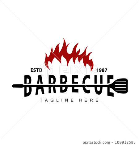 Barbeque logo design bar restaurant hot grill fire logo and spatula simple illustration 109912593