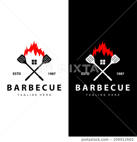Barbeque logo design bar restaurant hot grill fire logo and spatula simple illustration 109912602