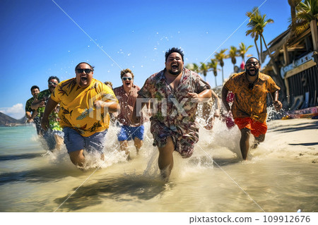 Group of Laughing Overweight Men Running Through Shallow Water at the Beach, Splashing and Foaming 109912676