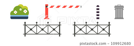 City Landscape Element with Bush, Fence, Barrier and Dustbin Vector Set 109912680