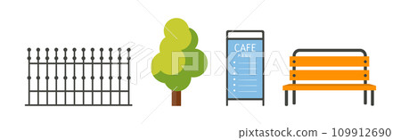 City Landscape Element with Forged Fence, Tree, Billboard and Bench Vector Set 109912690