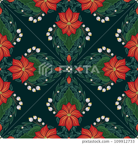 Vector decorative pattern with kaleidoscope poinsettia. Seamless festive tracery texture with Christmas flowers with foliage Vector decorative pattern with kaleidoscope poinsettia. Seamless festive tracery texture with Christmas flowers with foliage 109912733