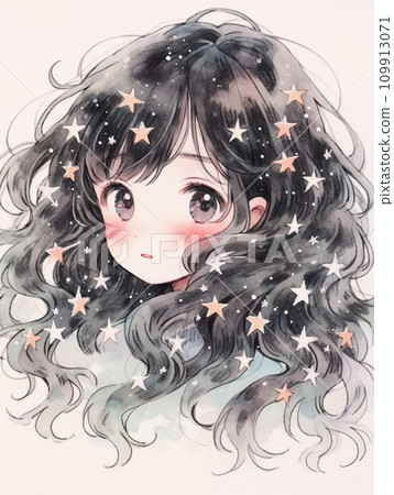 A cute black-haired girl looking back with sparkles 109913071