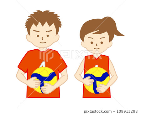 A boy and a girl wearing volleyball uniforms and holding a ball 109913298