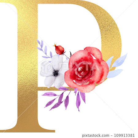 Alphabet and flower watercolor clipart, PNG 109913381