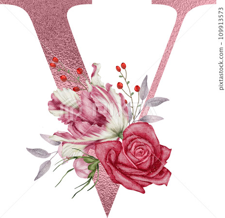 Alphabet and flower watercolor clipart, PNG 109913573