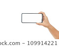 clipping path, Hand holding a smartphone horizontally on a white background 109914221