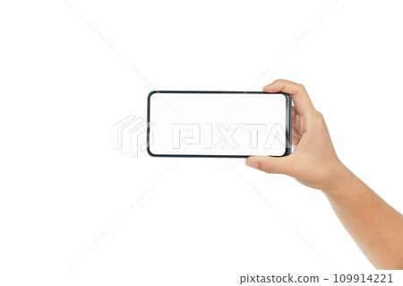 clipping path, Hand holding a smartphone horizontally on a white background 109914221