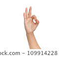 Clipping path, Hand showing OK symbol on isolated on white background. 109914228