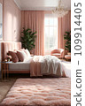Luxurious bedroom in a trendy Peach Fuzz color. 109914405