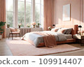 Cozy bedroom in a trendy Peach Fuzz color. 109914407