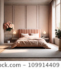 Bedroom or a hotel room in a trendy Peach Fuzz color. 109914409